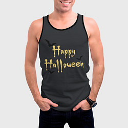 Майка-безрукавка мужская Happy Halloween надпись с летучими мышами, цвет: 3D-черный — фото 2
