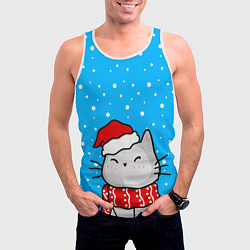 Майка-безрукавка мужская Снегопад - котик в шапочке, цвет: 3D-белый — фото 2