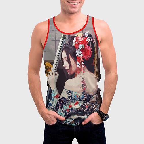 Мужская майка без рукавов Японская девушка с самурайским мечом / 3D-Красный – фото 3
