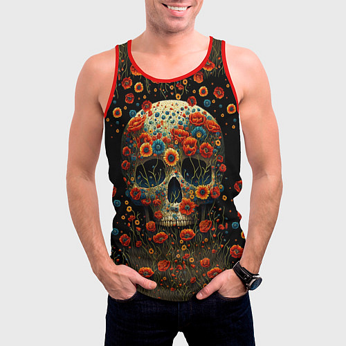 Мужская майка без рукавов Череп украшенный цветущими маками / 3D-Красный – фото 3