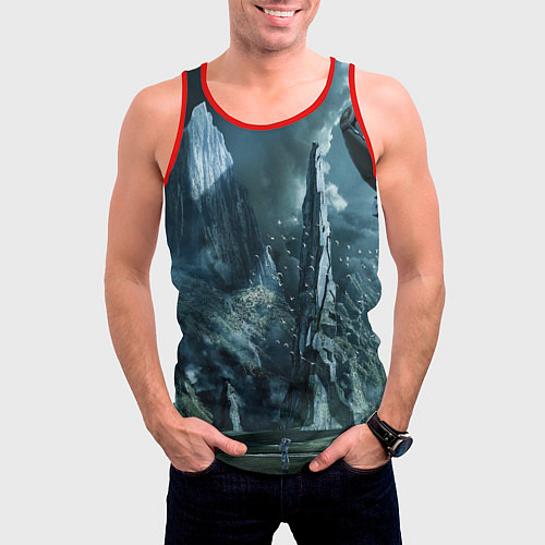 Мужская майка без рукавов Сай-фай тёмные горы и корабль / 3D-Красный – фото 3