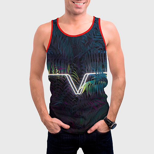 Мужская майка без рукавов Неоновая линия в листве / 3D-Красный – фото 3