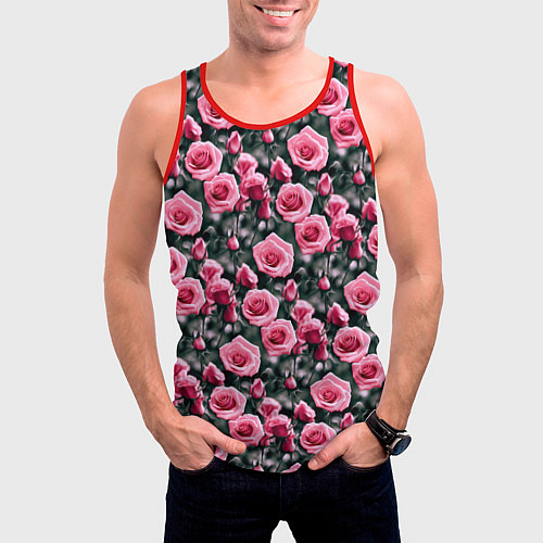 Мужская майка без рукавов Кусты розовых роз на сером фоне / 3D-Красный – фото 3