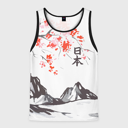 Мужская майка без рукавов Цветущая сакура и солнце - Япония / 3D-Черный – фото 1