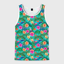 Майка-безрукавка мужская Разные цветочки на зеленом фоне, цвет: 3D-белый