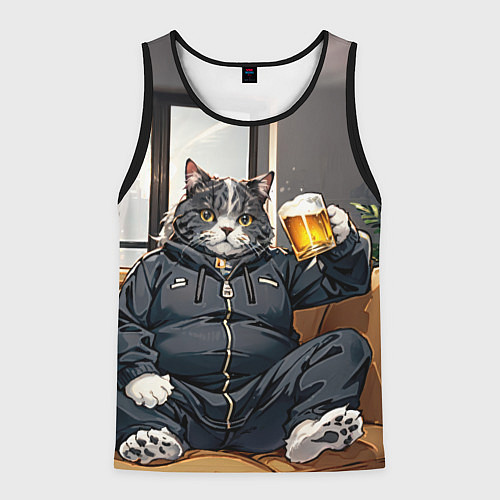 Мужская майка без рукавов Толстый кот со стаканом пива / 3D-Черный – фото 1