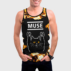 Майка-безрукавка мужская Muse рок кот и огонь, цвет: 3D-черный — фото 2