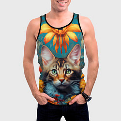 Майка-безрукавка мужская Дикая кошка в цветах, цвет: 3D-черный — фото 2