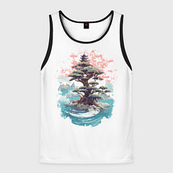 Майка-безрукавка мужская Японское дерево и пагода в море, цвет: 3D-черный