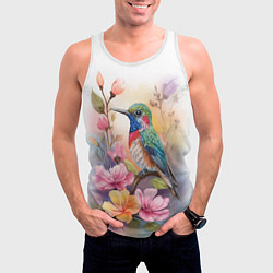 Майка-безрукавка мужская Колибри и цветы - акварель, цвет: 3D-белый — фото 2