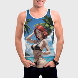 Майка-безрукавка мужская Девушка с рыжими волосами на пляже, цвет: 3D-белый — фото 2