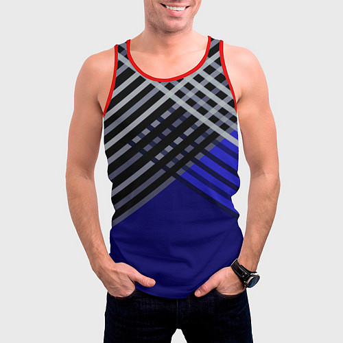 Мужская майка без рукавов Белые и серые полосы на синем фоне / 3D-Красный – фото 3