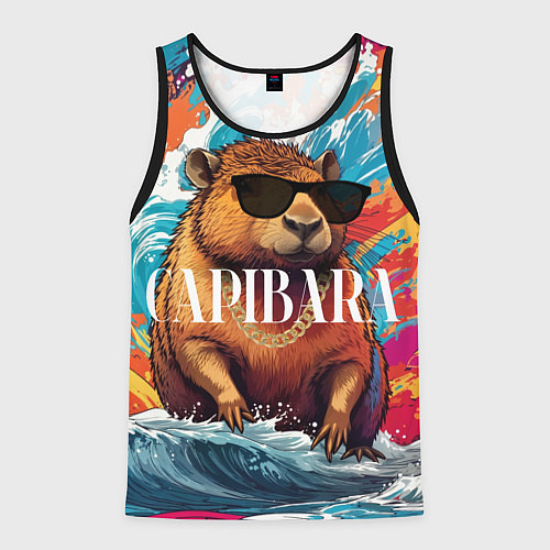 Мужская майка без рукавов Капибара в очках на красочных волнах / 3D-Черный – фото 1