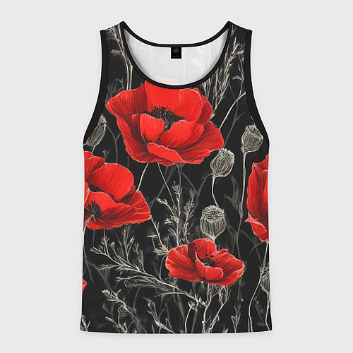 Мужская майка без рукавов Красные маки на темном фоне / 3D-Черный – фото 1