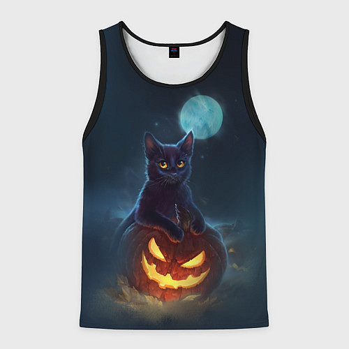 Мужская майка без рукавов Кот с тыквой - хэллоуин / 3D-Черный – фото 1