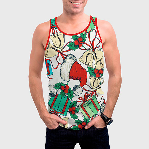 Мужская майка без рукавов Узор с новогодними падарками / 3D-Красный – фото 3