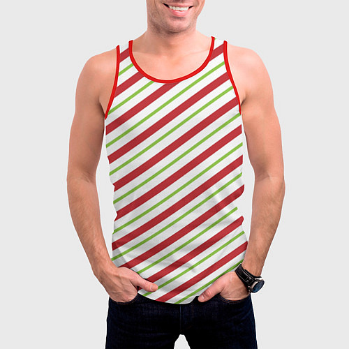 Мужская майка без рукавов Рождественский паттерн красно зеленые полосы / 3D-Красный – фото 3