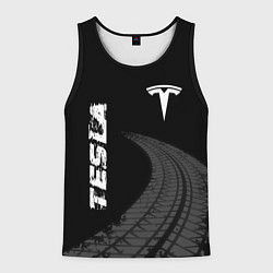 Мужская майка без рукавов Tesla speed на темном фоне со следами шин вертикал