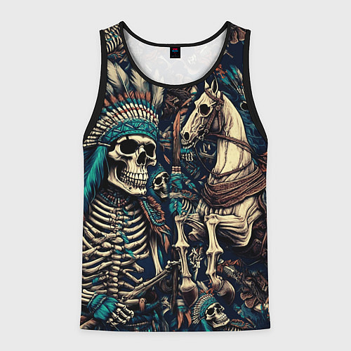 Мужская майка без рукавов Татуировка скелета индейца и ковбоя в техасе / 3D-Черный – фото 1