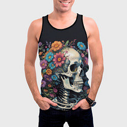 Майка-безрукавка мужская Улыбающийся скелет среди цветов, цвет: 3D-черный — фото 2