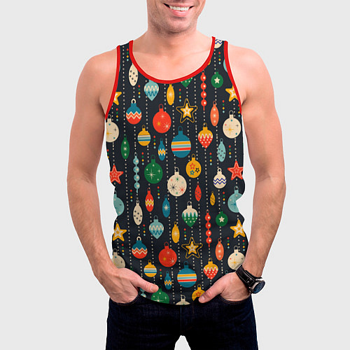 Мужская майка без рукавов Новогодние ёлочные игрушки на черном фоне / 3D-Красный – фото 3
