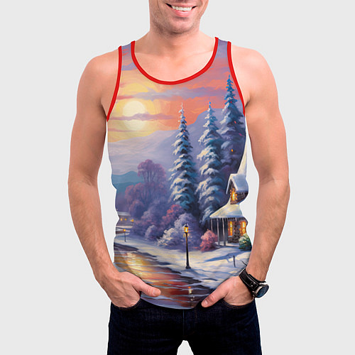 Мужская майка без рукавов Заснеженный новогодний лес чудес / 3D-Красный – фото 3