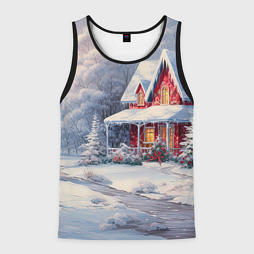 Мужская майка без рукавов Новогодний снежный дом / 3D-Черный – фото 1