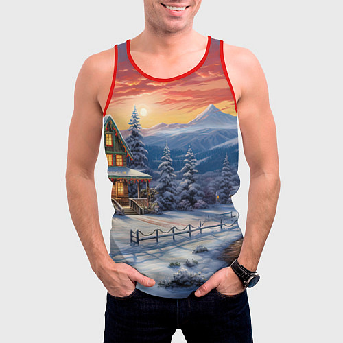 Мужская майка без рукавов Зимний праздник в сказочном городке / 3D-Красный – фото 3
