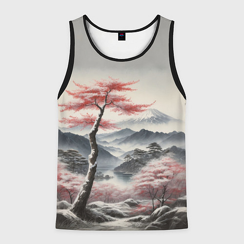 Мужская майка без рукавов Высокое дерево и гора Фудзияма / 3D-Черный – фото 1