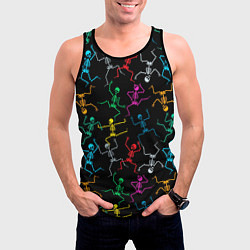 Майка-безрукавка мужская Разноцветные танцующие скелетики, цвет: 3D-черный — фото 2