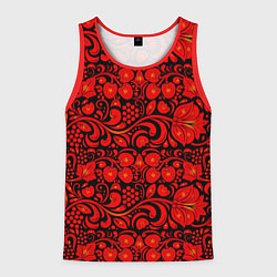 Майка-безрукавка мужская Хохломская роспись красные цветы и ягоды на чёрном, цвет: 3D-красный