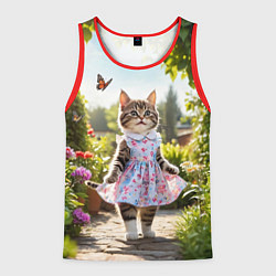 Мужская майка без рукавов Кошка в летнем платье в саду
