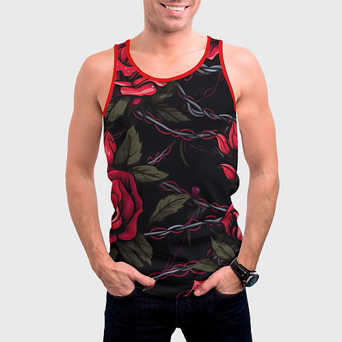 Мужская майка без рукавов Череп и красные розы / 3D-Красный – фото 3