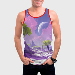 Майка-безрукавка мужская Фиолетовые горы зеленые деревья и космос, цвет: 3D-красный — фото 2
