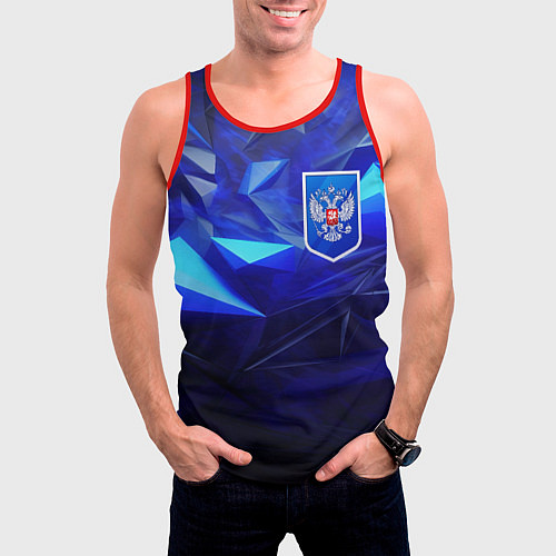 Мужская майка без рукавов Герб России на синей абстракции / 3D-Красный – фото 3