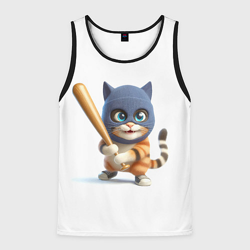 Мужская майка без рукавов Прикольный котёнок с бейсбольной битой и в балакла / 3D-Черный – фото 1