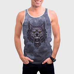 Майка-безрукавка мужская Сине-серый яростный волк на абстрактном фоне, цвет: 3D-белый — фото 2