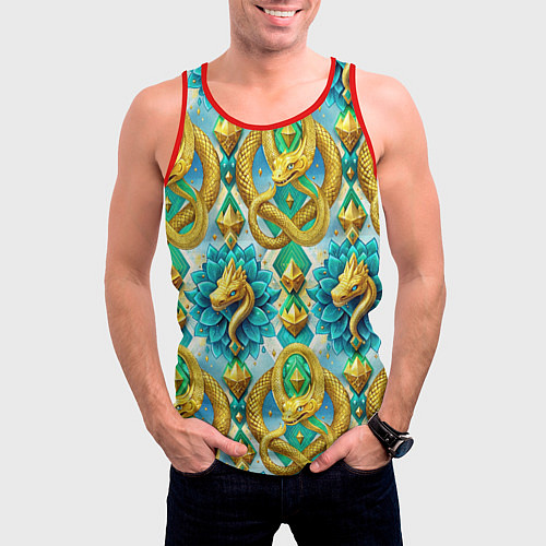 Мужская майка без рукавов Золотистые змеи и цветы / 3D-Красный – фото 3