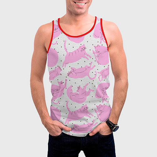 Мужская майка без рукавов Пухлые спящие розовые котики на фоне в горошек / 3D-Красный – фото 3