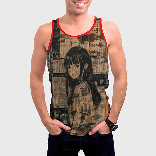 Мужская майка без рукавов Девчонка на фоне газетных вырезок / 3D-Красный – фото 3