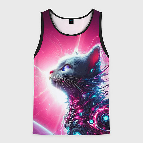 Мужская майка без рукавов Космический кибер котёнок - неоновое свечение / 3D-Черный – фото 1