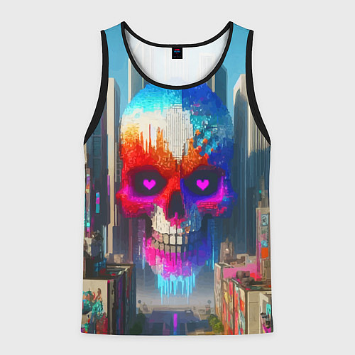 Мужская майка без рукавов Цветной череп в мегаполисе - нейроарт / 3D-Черный – фото 1