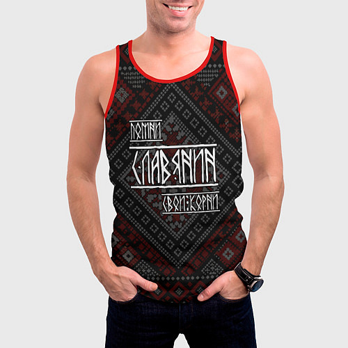 Мужская майка без рукавов Помни славянин свои корни / 3D-Красный – фото 3