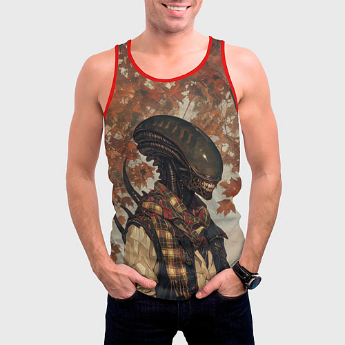 Мужская майка без рукавов Ксеноморф в клетчатом шарфе / 3D-Красный – фото 3