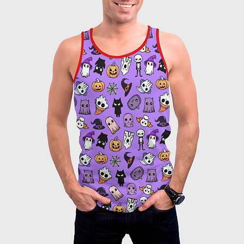 Мужская майка без рукавов Кавайный хэллоуин - призраки и черепа на сиреневом / 3D-Красный – фото 3