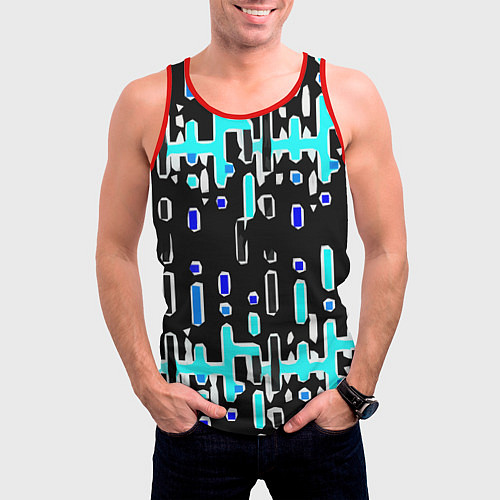 Мужская майка без рукавов Синие линии и точки на чёрном фоне / 3D-Красный – фото 3