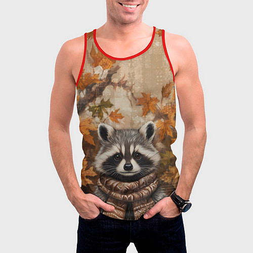 Мужская майка без рукавов Осенний енот в шарфе / 3D-Красный – фото 3