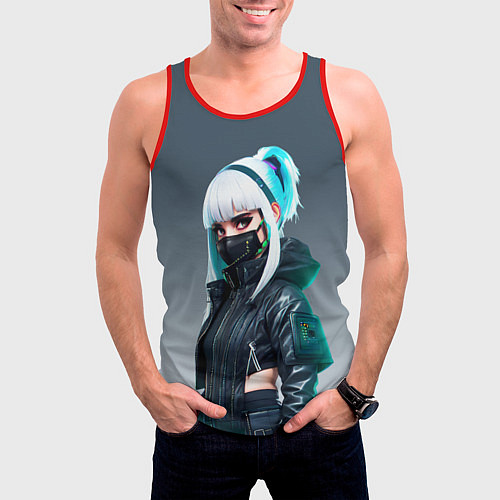 Мужская майка без рукавов Красивая блондинка в маске - киберпанк / 3D-Красный – фото 3