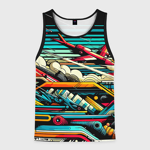 Мужская майка без рукавов Абстракция с красным самолётом - нейроарт / 3D-Черный – фото 1