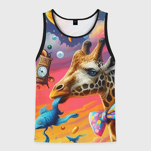 Мужская майка без рукавов Жираф в бабочке держит во рту рыбу - сюрреализм / 3D-Черный – фото 1